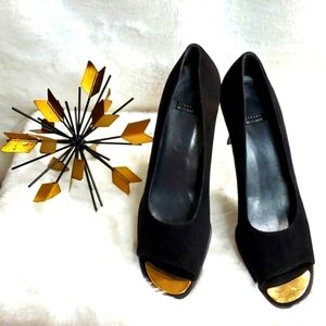 STUART WEITZMAN BLACK SUEDE PEEP TOE HEELS